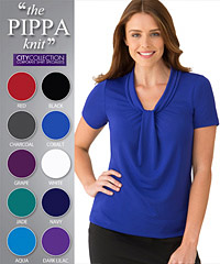 One of Australia's best selling Womens Uniform Clothing Products, the Pippa Top #2222 With Logo Service. Effortless Dressing, Cool and Comfortable. Matte jersey with a soft draped neckline. Features an elegant gatherered front. 10 Colours- Aqua, Grape, Red, Black, Navy, Charcoal, Jade, Cobalt, White, Dark Lilac. Bulk Order 1800 654 990