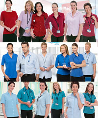 Healthwear range of staff shirts and tops for Healthcare Industry. City Collection is one of Australia's leading specialists in supply of tailored styles designed for the active work environment with tops designed to fit most body shapes. There is a wide selection of colours and action back styles for extra movement and comfort. Short and 3/4 sleeve styles are available. All fabrics have an easy care finish, with minimal, or no ironing required. The majority of the range is quick drying, perfect for people on the go. Fabrics have been selected for their quality and durability. For City Collection Distributor please call Shelley Morris or Leigh Gazzard at Corporate Profile Clothing on FreeCall 1800 654 990.