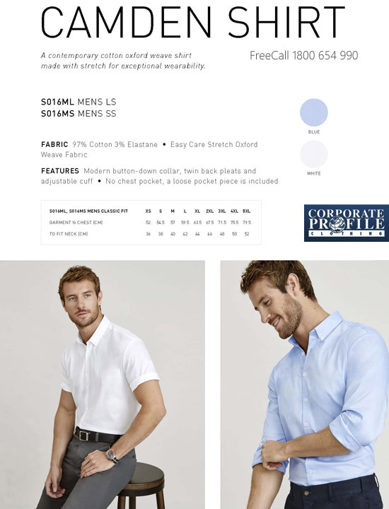 Enjoy wearing a premium Cotton Shirt as your Company or Club uniform. Available White and Oxford Blue. No Pocket Style #S016ML and Ladies #S016LL . Natural comfort of Premium 97 percent Cotton with Stretch fabric. Mens Sizes XS-5XL and Womens 6-26 Long and Short Sleeve. For details FreeCall 1800 654 990.