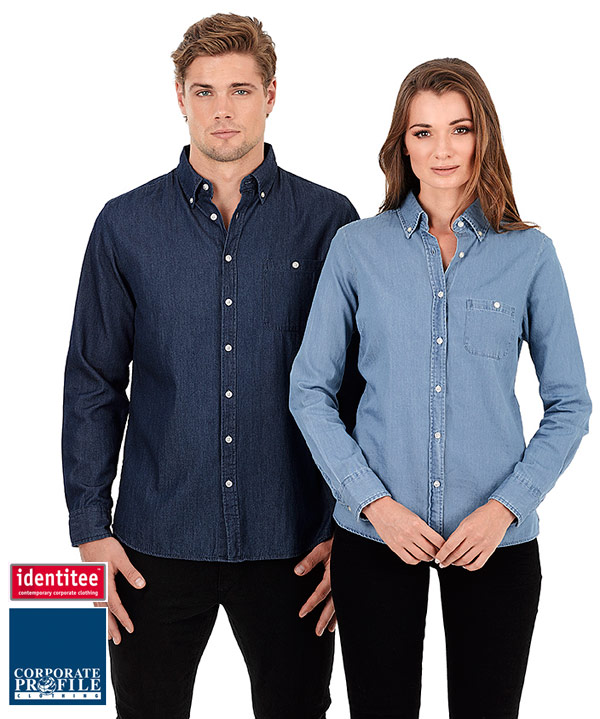 Denim Long Sleeve Shirts #48 With Logo Service. Urban Style. Available in Mens and Ladies #W50, Long and Short Sleeve, Indigo Blue, Vintage Blue, Black and Vintage Grey. Large range of sizes including Mens Size 7XL. Ideal for Hospitality Industry, Outdoor Work and Teamwear. For all the details please call Renee Kinnear or Shelley Morris on FreeCall 1800 654 990