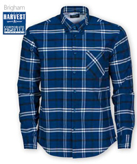 Flannel Check Shirt #Brigham Navy-White Check with Logo Service. Corporate Wear, Agri Business. Mens flanell shirt in a modern fit. Blue contrast inside yoke, cuff and side slit. Size SM-3XL. FreeCall 1800 654 990