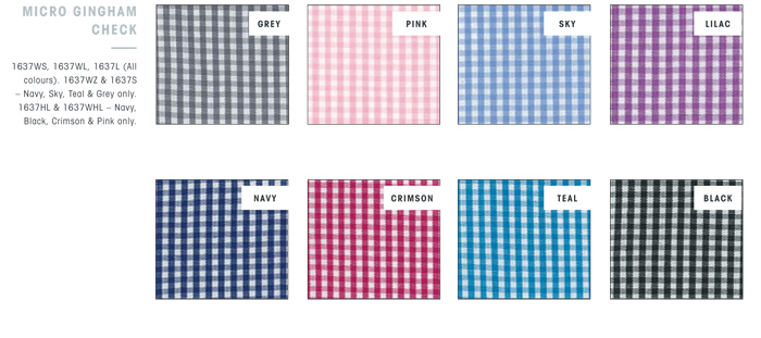 Premium Corporate range of Gigham Small Check Shirts #1637L for uniform industry, mens and womens, available in 8 colours, stock levels may vary quickly.Navy, Crimson, Pink, Black, Grey, Sky, Teal, Lilac. 60% Cotton 40% Polyester with Silk Protein Finish. Easy Iron, Logo Embroidery Service is available. High Performance for Corporate Uniforms. FreeCall 1800 654 990