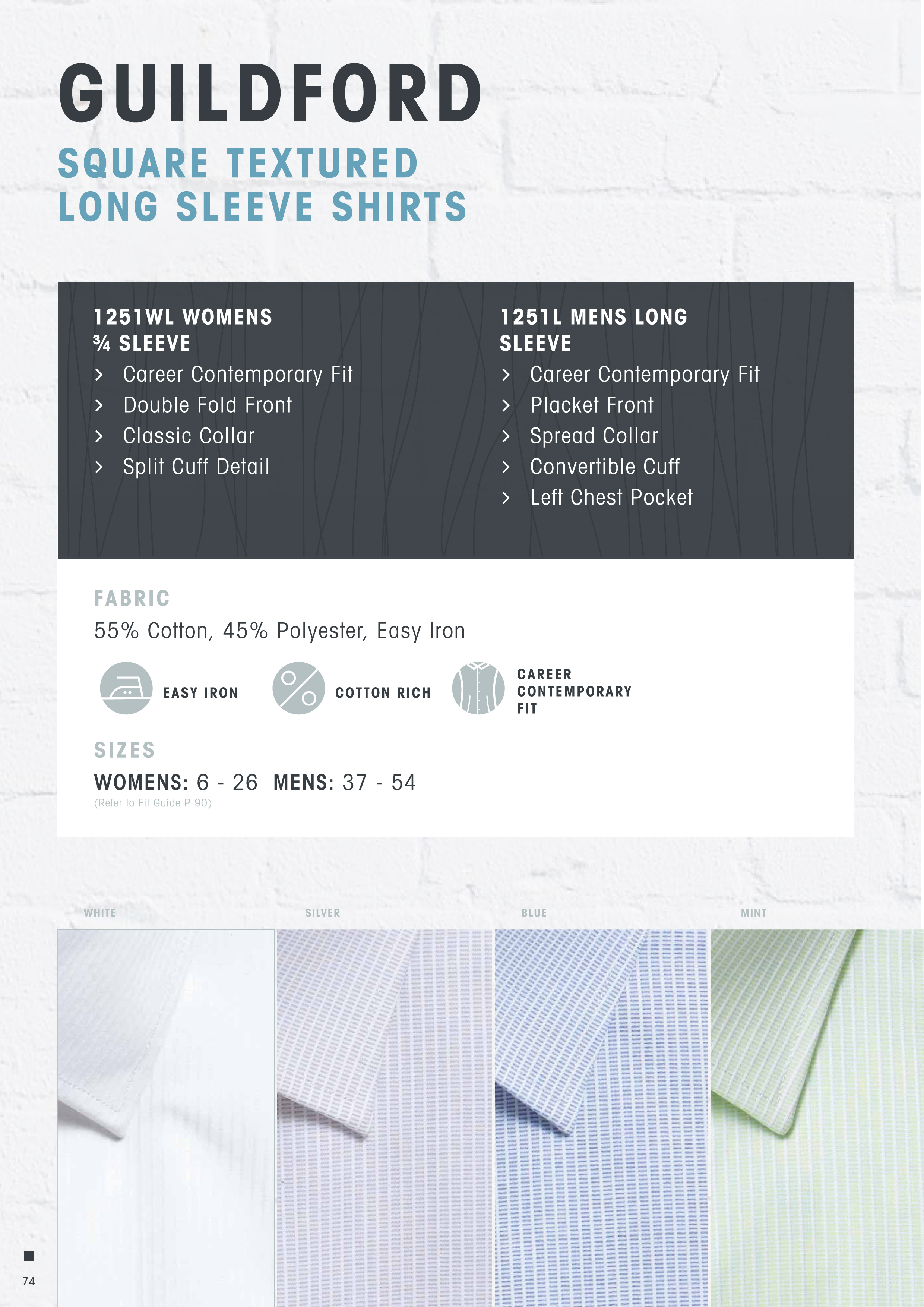 Guildford Corporate Shirt #1251L by Gloweave With Logo Service Colour Card. Available White, Blue, Silver and Mint. Mens has a Chest Pocket. Mens can be worn with a Tie or Open Neck. Cotton Rich 55% with Easy Iron Treatment. Mens Sizes up to Size 54. Corporate Sales Call Free 1800 654 990