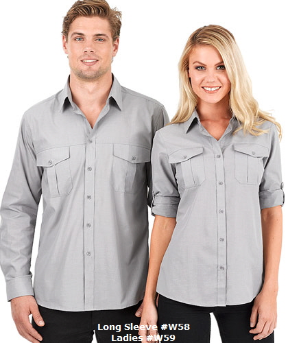 Jasper Double Pocket Long Sleeve Shirt #W58 With Logo Service. Available in Sky Blue, Graphite and Grey. 60% Cotton 40% Polyester, Easy Care. Cross Hatch Fabric Weave, Tone on Tone Buttons. Logo embroidery service. For all the details please call Renee Kinnear or Shelley Morris on FreeCall 1800 654 990.