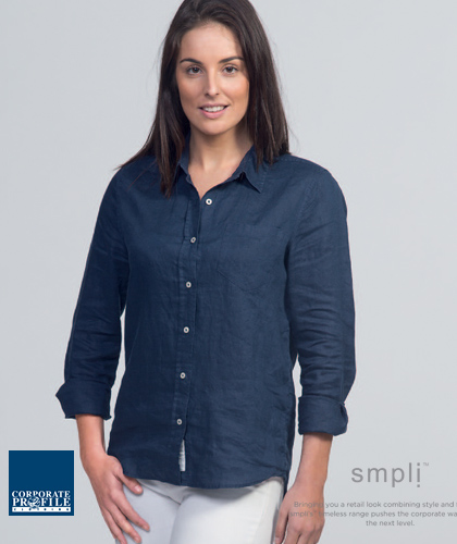 Linen-Shirts-Navy-and-White-Ladies-#WSIL-for-Corporate-Wear-With-Logo-Service