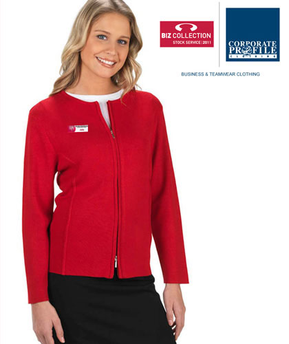 Biz for Business Wear! Ladies Red Cardigan With 2 Way Zip #LC3505 Corporate Uniforms and Outfits with Logo Service. Available in Navy, Black, Charcoal and Red. Lovely soft Viscose, Nylon with modern fashion style. Sizes S to 4XL. Ideal for business uniforms. Great Brands, Great Prices. For all the details please call Renee Kinnear or Shelley Morris on FreeCall 1800 654 990
