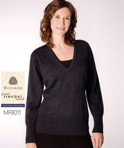 'Monday To Friday' Corporate Knitwear with Australian Woolmark.  Ladies extended v-neck pullover with deep rib basque #MF8011. Monday to Friday is a range of stock service knitwear designed for everyday wear in a corporate environment. Enhance the corporate image of your organisation with a new professional look. Enquiry please call Renee Kinnear or Shelley Morris on FreeCall 1800 654 990.