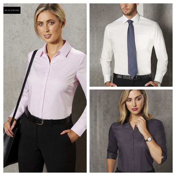 Business shirts with superb logo embroidery service. Benchmark #M8110L available in Soft Pink, Navy, Storm Grey and White. Ladies 6-26 Long Sleeve, Short and 3/4 sleeve. Mens XS-5XL, Long and Short Sleeve. Cotton Rich 60% Cotton. Corporate Profile Clothing FreeCall 1800 654 990