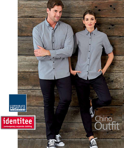 Modern Chino Pant #CH01 For Uniforms, 97% cotton and 3% spandex stretch, flat fronted, 4 pockets, Mens #CH01 Sizes 28-46, Womens #CH02 Sizes 6-22.Colours Black, Natural. For all the details the best idea is to contact Renee Kinnear or Shelley Morris on FreeCall 1800 654 990.
