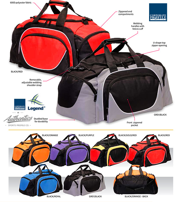 Kids Sports Bag #1216 with hi definition Supacolour Logo Service, Ideal for Clubs and School Sport, Durable 600D polyester fabric, U-shaped opening to main compartment, Front zippered pocket,  Zippered end compartments, Webbing handles with velcro cuff, Removable, adjustable webbing shoulder strap, Studded base for durability, Solid, metal zippers to each compartment,  Baseboard. Enquiries FreeCall 1800 654 990.