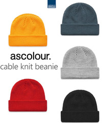 Cable beanie, wide knit #1120 with logo service. 5 Colours, Gold, Red, Black, Petrol Blue, Grey Marle. Cuffed hem, short body, Mid weight, warm soft 100% acrylic. One size fits all. For details on business or club logo service please FreeCall 1800 654 990.