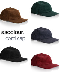 Cord caps available Brown, Cardinal Red, Petrol Blue, Pine Green and Black. Superb Australian embroidery service for your logo. Low profile, unstructured six panel.  Adjustable fastener with metal clasp, tonal under-peak lining. Mid weight, Flat Peak. 100% cotton, 8-Wale Partridge Cord One size fits all. Corporate Profile Clothing FreeCall 1800 654 990