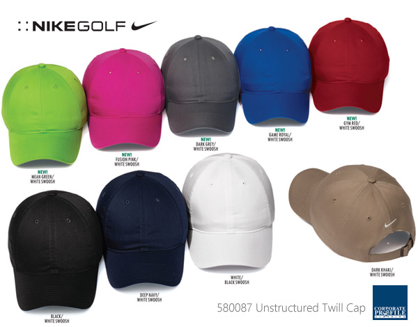 Have your Company or Club logo embroidered on Nike Golf Twill Cap #580087 Available in 10 Colours. The contrast Nike Swoosh design trademark is embroidered on the center back. This cap has an unstructured mid profile design and a self fabric closure with buckle. Corporate Sales Free Call 1800 654 990.