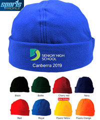 Fantastic for School Tours and Junior Sports VClubs. Polar Fleece Beanie #CH27 School Beanie With Logo Service, 8 colours includes Royal, Bottle Cherry Red, Navy, Red, Black, Fluoro Yellow and Fluoro Orange. Oustanding logo embroidery service. Rolls up for a better fit and warmth One Size Fits Most. Enquiries FreeCall 1800 654 990