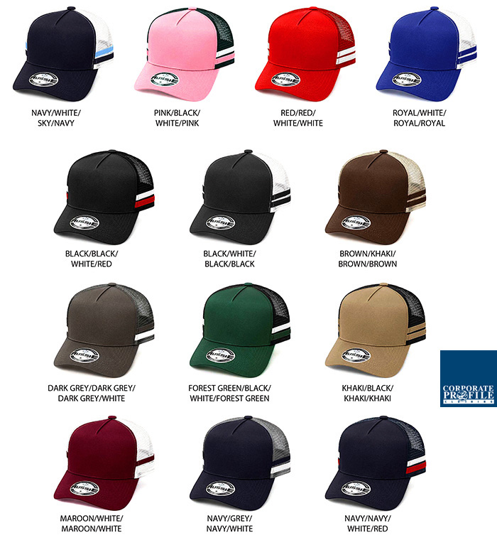 Have your logo branded on the new A Frame Cap featuring two bold side stripes. mesh back, snap back adjustor. Currently thirteen colour combinations available. Excellent embroidery or logo print service. Corporate Profile Clothing FreeCall 1800 654 990