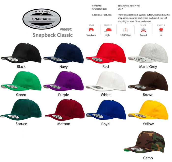 Outstanding Snapback Caps for your logo available in 12 Plain Solid Colours colours. Superb Australian embroidery service. Includes Brown Cap, Maroon Cap, Yellow Cap, Green Cap. Business and Teamwear. Curved Peak, High Profile, 6 Panels. Corporate Profile Clothing FreeCall 1800 654 990