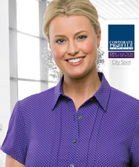 Corporate Healthwear Ladies Spot Shirt #2173 With Logo Service. Lilac, navy, Black, Blue, Cobalt, Grape, Red, Teal. Cap Sleeve #2173, Three Quarter Sleeve #2172  Easy care, quick drying and extremely durable. Dressing For Work Made Easy. Introducing the latest range from City Collection. Designed by Women for Women and setting the fashion standard in corporate dressing, this elegant collection presents contemporary styles that are versatile for many workplace requirements. Corporate enquiry please FreeCall 1800 654 990