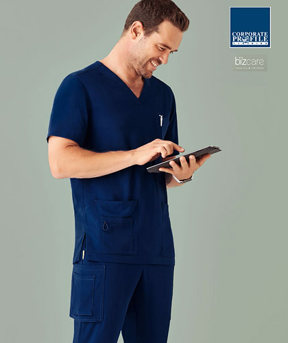 Premium Navy Scrubs by Biz Care. Mens #CST945MS. Also Ladies available in 2 styles with Round Neck #CST942LS and V-Neck #CST941LS. Colours: Navy, Electric Blue, Teal and Black. Pant also available. Logo embroidery service. Corporate Profile Clothing FreeCall 1800 654 990