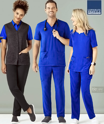 Look good and feel comfortable in Premium Scrubs by Biz Care. Mens #CST945MS. Also Ladies available in 2 styles with Round Neck #CST942LS and V-Neck #CST941LS. Colours: Navy, Electric Blue, Teal and Black. Pant also available. Logo embroidery service. Corporate Profile Clothing FreeCall 1800 654 990