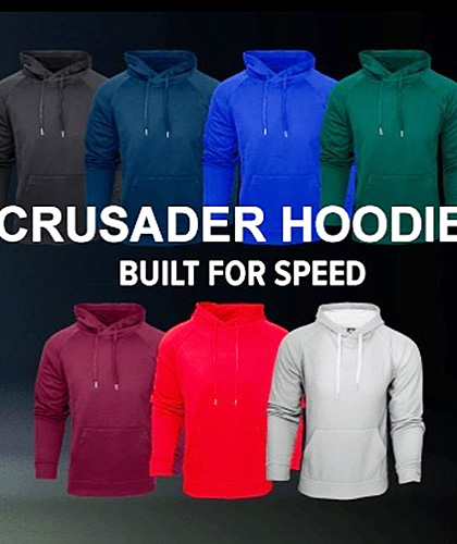 Have your logo branded on the new Crusader hoodie featuring lighter performance fabric and sports club colours. Raglan sleeve design for movement, 3 piece hood, 280 gsm. Best seller is black, navy, bottle, maroon, red, royal and silver. Excellent embroidery or logo print service. Kids sizes also available, School and Team. Corporate Profile Clothing FreeCall 1800 654 990