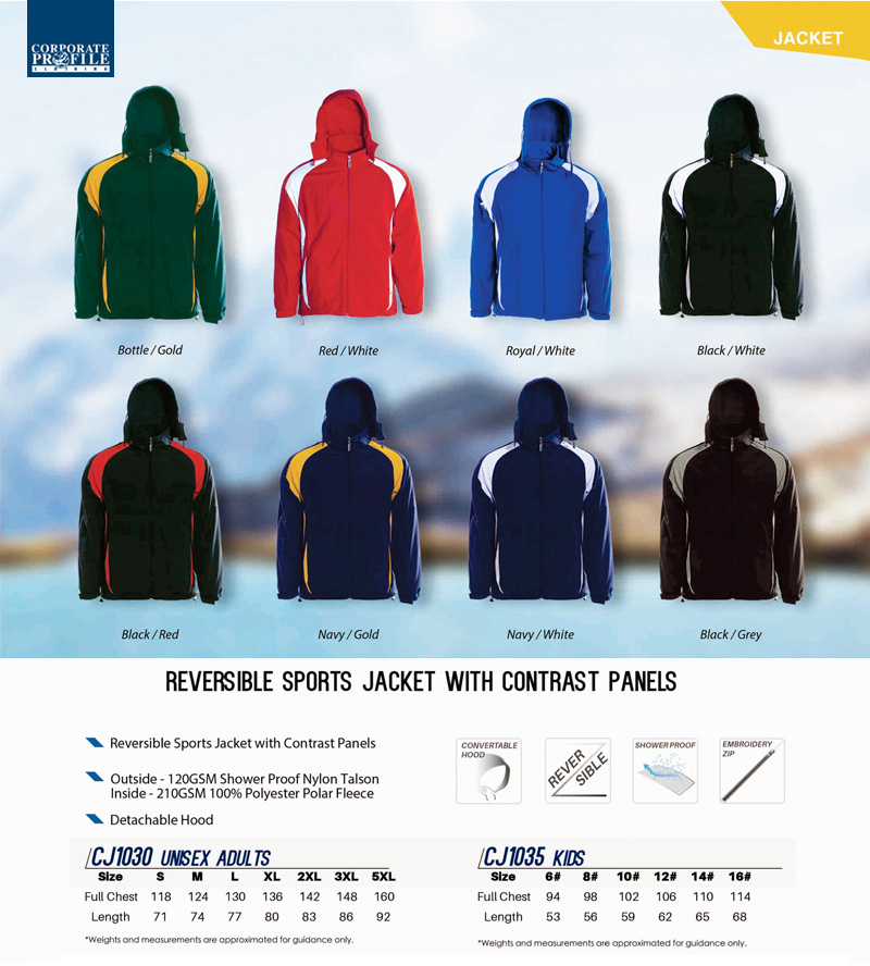 Warm, fleecy lined Jackets with contrast colours. #CJ1030 is available in Black/Red, Aussie Bottle/Gold, Red/White, Royal/White, Black/White, Navy/Gold, Black/Grey. Includes detachable Hood, Adult and Kids Sizes for School and Teams. Excellent embroidery service for your logo. Corporate Profile Clothing FreeCall 1800 654 990
