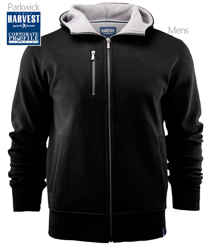 Harvest Sportswear Premium Hoodie #Parkwick With Logo Service. Available Black (900) and Navy (600), with contrast drawstring and hood. Premium Fabric has fleece on the inside. Metal zip front and on the right chest pocket. Ribbed waist and cuff fabric provides great comfort and feel to the garment. Corporate Enquiry FreeCall 1800 654 990