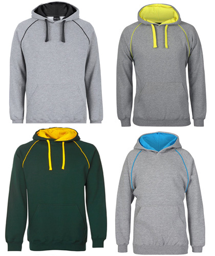 Hoodies Heavy Duty Workwear, School and Sports. Inspect a Sample of JB's Contrast Fleecy Hoodie #3CFH With Logo Service. 15 Team Colours, 80% Cotton, 20% Polyester Performance Quality, durable 2x2 rib cuffs and hem, #3CFH Adults S-5XL and #3CFH Kids Sizes 4-14, no drawstring on the kids sizes. For details please FreeCall 1800 654 990