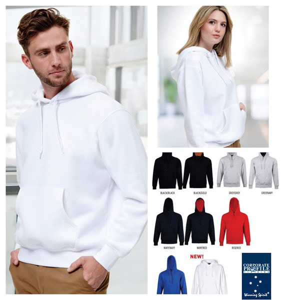 New white hoodie in large range of Sizes XS-5XL. Print or Logo Embroidery Service. Outstanding value for workwear or club merchandise. Also available in Navy, Royal, Red, Black, Grey and contrast colours Grey/Navy, Navy/Red, Black/Gold. Enquiry Corporate Profile Clothing FreeCall 1800 654 990.