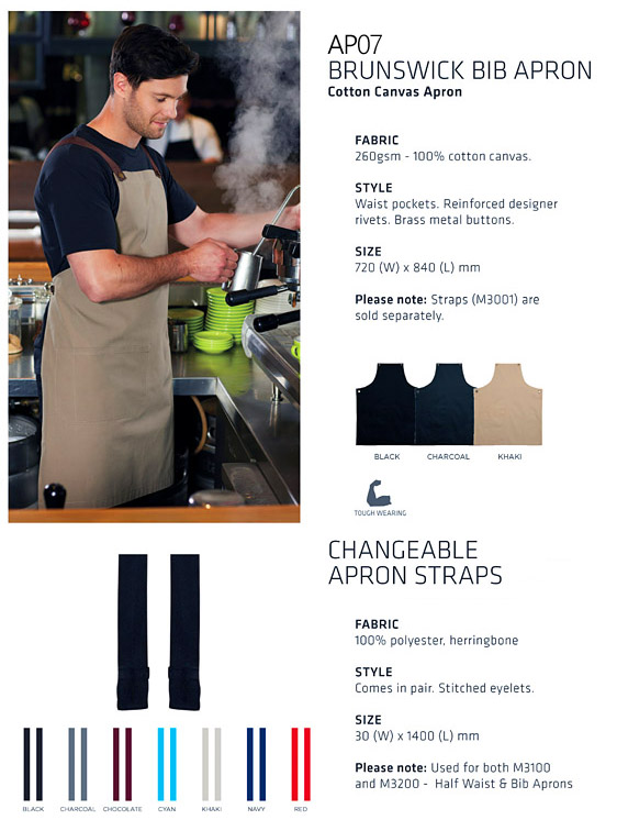 Reliable Cotton Canvas Apron available Black, Charcoal, Khaki with choice of changeable Straps. Aprons have waist pockets, reinforced designer rivets, Brass metal buttons. 72cm x 84cm. Logo service with print or Embroidery. All the details at Corporate Profile FreeCall 1800 654 990