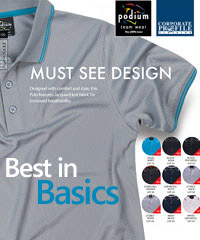 JB's Wear Prices for Polo Shirts in 2020 including Podium Jacquard Contrast Polo #7JCP with Logo Service. Modern new style for Business and Sport Industry with lightly textured fabric. Nine colour combinations. Top class fabric is 160gsm jacquard knit with moisture wicking breathability, UPF Compliant Sun Protection. Tremendous colours include light grey, charcoal, navy, white, aqua, black, gunmetal with contrast trims. Corporate Sales Call Free on 1800 654 990