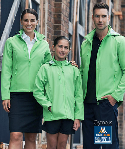 Outstanding Green Mens #1513 and Womens #2513 Softshell jackets in Company and Club Colours. Includes Red, Green, Cyan Blue, Royal, Navy, Black and Slate Grey. Top performance fabric, womens jacket has a shaped tail for added warmth. Includes a hood. Bonded fleece on the inside for snug warmth. WP3000 BP3000. Also available in Boys and Girls for Schools and Local Sports Clubs. Please call Shelley Morris or Deb Gerahty Call Free 1800 654 990