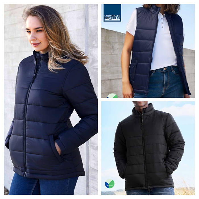 Eco Friendly Puffer Jackets, lightweight and showerproof #J212M Mens and Ladies, Black and Navy. Has a plain, non quilted chest panel for logo decoration. Stand up wind collar and a chin guard, zipped pockets. Corporate Profile Clothing FreeCall 1800 654 990        