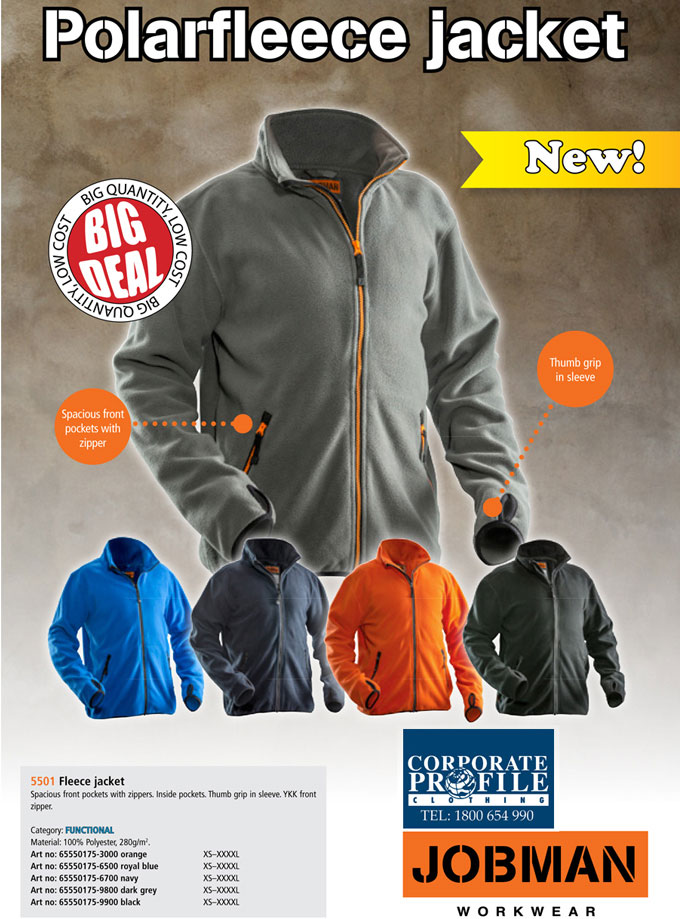 Jobman Professional Workwear in Australia, Polar Fleece Jacket #5501 with Logo service. Orange, Royal Blue, Navy, Dark grey, Black. Inspect a sample #5501 for your Company. International web site is www.jobman.se Safety, comfort and security of high quality professional workwear. Enquiries please call Leigh Gazzard FreeCall 1800 654 990