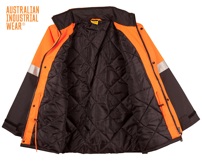 Best price deal for Industry Bulk Buy Jacket requirements. Australian Industrial Wear #SW28A has loads of features; Hoop Pattern 3M Reflective Tape conforms to Australian AS/NZS 4602.1.2011 Class Day/Night. Quilted linin, storm flap with stud buttons, 300D Oxford PU Coating, breathability 3000m, waterproof 8000mm. Hood in Collar. Orange/Black, Orange/Navy, Yellow/Navy. Corporate Sales FreeCall 1800 654 990