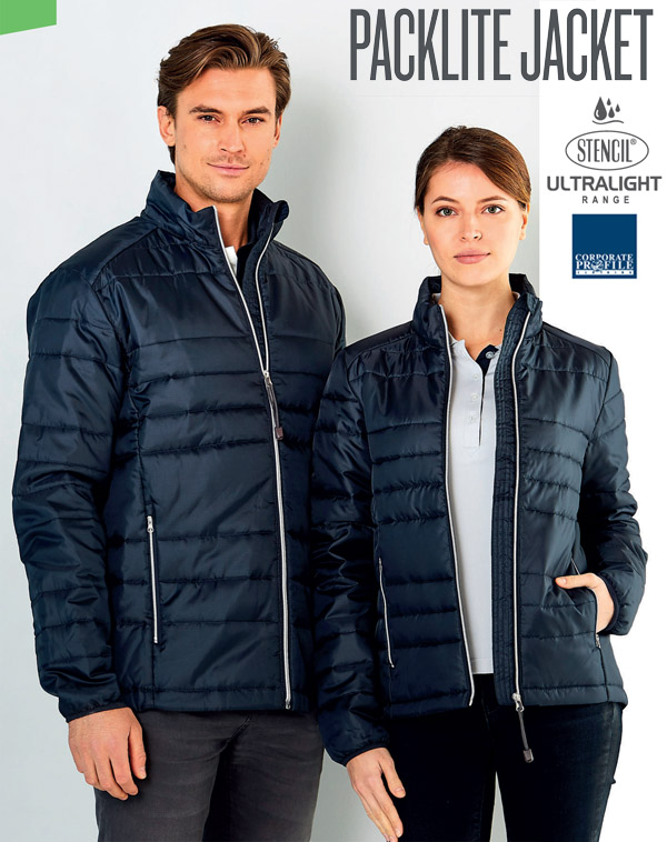 A light padded jacket with rip stop fabric. Panel across the chest for company logo placement. Packlite #3045 in Black and Navy in Sizes 2XS to 5XL. Stand up collar with soft chin guard, storable hood with fastening, high loft for excellent insulation. Side pocket with zipper closure. drop tail design for extra wind protection on lower back. Logo embroidery service. Corporate Profile Clothing FreeCall 1800 654 990