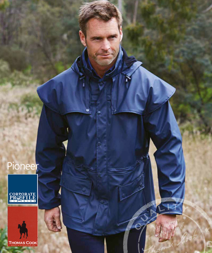 Pioneer Short Coat #TCP1714041 With Corporate Logo Service. Thomas Cook Boot and Clothing, Waterproof 3000mm, Sizes XXS, XS, SM-3XL. Available Black, Dark Brown, Navy. Double storm cuffs, mesh air vent, rivets at stress points, double storm front placket flaps, concealed hood, inner draw cord. Also in Long Coat #TCP1711041. Corporate Distributor is Corporate Profile Clothing, FreeCall 1800 654 990.