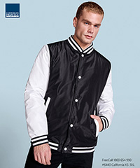 Corporate Varsity Jacket with Seven Colour Combinations, including Black/White, Navy/White, Royal Blue/White, Green/White, Maroon/White and Royal Blue/Gold. 1 x 1 Rib, Snap Buttons, Side Pockets with Zips. Top Class Australian Embroidery Service. Corporate Profile Clothing FreeCall 1800 654 990