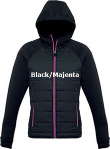 Puffer-Jacket-Ladies-Black-and-Magenta-Pink, Puffer Jackets and Vests in Team Colours, #J515M, # J515L with logo embroidery service. Promotional and Sport Industry favourites, with 5 colour combinations, Black, with zippers in Red, Silver, Lime, Cyan Blue and Magenta Pink. Mens and Ladies sizes. Fully fashioned appearance with comfortable fittings. Hi-Loft polyfill inside for warmth. Wear outdoors or inside for company uniforms in the Office, Leisure Centre, Events, Schools, 