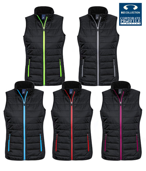 Puffer Vests Introduction Product Card, Logo service is available.Puffer Vest in Team Colours, #J616M, # J616L. Promotional and Sport Industry favourites, 5 colour combinations, Black, Red, Silver, Lime, Cyan Blue. Mens and Ladies sizes. Sporty appearance with comfortable fittings. Hi-Loft polyfill inside for warmth. Wear outdoors or inside for company uniforms in the office, gym, Leisure Centre, etc. To inspect this product for your company please call, Renee Kinnear at Corporate Profile on FreeCall 1800 654 990