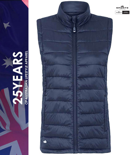 A fashionable Wind-TEC Puffer Vest #SLR116 for Corporate and Sports Industry. Impressive custom logo embroidery. Wind-TEC High Performance Outerwear.  Hypoallergenic Insulation, Water and Wind Resistant. Lightweight, Showerproof, Windproof, Breathable, DWR Treatment. Enquiries, Corporate Profile Clothing FreeCall 1800 654 990