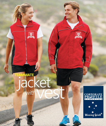 To inspect a Sample of the Teammate Jacket With Vest #JK18 With Logo Service, contact FreeCall 1800 654 990. Features Silver Reflective Lining, with high performance Water Repellant, tough wearing Nylon Taslon Outer Shell. Hideaway hood in the collar. Available in Black/Grey, Black/Red, Navy/Red, Navy/White, Red/Black and Solid Navy. Solid Plain Navy Jacket is available in Size 7XL. Vest is lined with warm Microfleece. For all the details please call Renee Kinnear or Shelley Morris on FreeCall 1800 654 990.