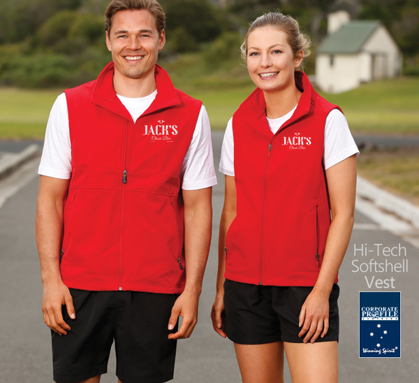 A popular mid price softshell Vest for Business and Sports Clubs..Winning Spirit 4 Way Stretch Vest #JK25 and Ladies #JK26 with Logo Service. Available Black, Navy, Charcoal and Red. Top notch performance and quality with Bonded Softshell material. Water/wind resistant. breathable, tough wearing, light micro fleece lining for comfortable warmth. The softshell fabric has 4 ways stretch (up-down, left and right)...you notice how comfortable the jacket is as soon as you put it on. Enquiries FreeCall 1800 654 990.