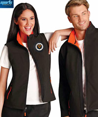 Womens Sporty Softshell Vest JK46 and Jacket JK16 for Teamwear and Company Outfits. Black/Orange, Black/Cyan, Black/Red..Plain. Water and Wind resistant, contrast polar fleece lining, insulative, longer back tail, zip pockets, tough wearing, with comfort stretch. For details please call Corporate Profile FreeCall 1800 654 990