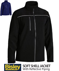 Best value and one of Bisley most popular products. The Soft Shell Jacket #BJ6060 available in Black and Navy with Water Resistant fabric, breathable membrane. Bonded internal fleece keeps you warm in cold weather, zippered pockets, elasticated draw cord at hem, reflective piping along front chest and across back, eyelet ventilation under both sleeves, sleeve cuff adjustors to reduce water entering over the wrist. Sizes XS-6XL. Corporate Sales Enquiry Freecall 1800 654 990