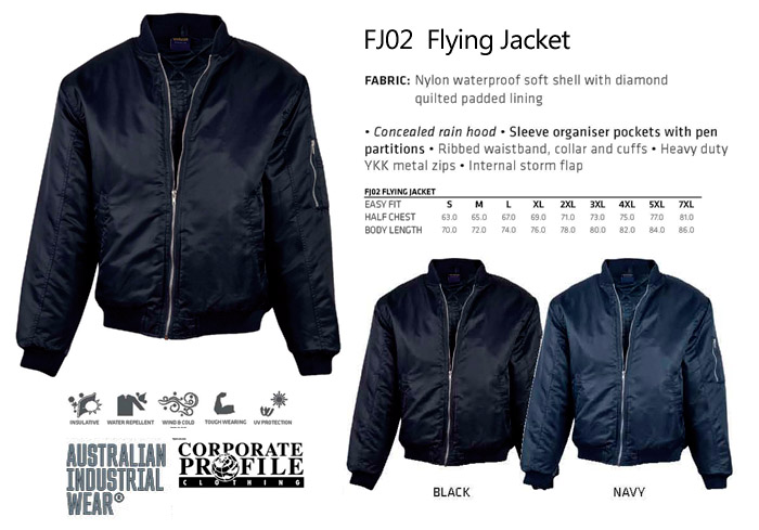 Black and Navy Flying Jacket for Work #FJ02. Nylon waterproof soft shell with diamond quilted, padded lining. Available up to King Size 7XL. Loads of features with concealed Rain Hood, Sleeve Organiser pocket with pen partitions. Ribbed waistband, collar and cuffs. Heavy duty YKK metal zips, internal storm flap. Insulative. Water Repellant. Wind and Cold Proof. Tough Wearing. UV Protection. Sales enquiry Corporate Profile Work Clothing FreeCall 1800 654 990