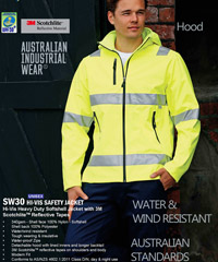Hi Vis Work Jacket with 3M Reflective Tape, Softshell with a Hood #SW30. Available in Unisex Sizes from 2XS to 7XL in Fluoro Orange and Fluro Yellow. Water and Wind Resistant with waterproof zipes.Eyelet ventilation under arms. Insulative warmth for cold climate. Tough last lasting wearing.3M Scotchlite reflective tapes on shoulders and body. Australian Standards for Day/Night Safety Wear. AS/NZS 4602.1:2011. Sales FreeCall Corporate Profile Work Clothing 1800 654 990