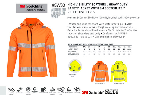 Hi Vis Work Jacket with 3M Reflective Tape, Softshell with a Hood #SW30. Available in Unisex Sizes from 2XS to 7XL in Fluoro Orange and Fluro Yellow. Water and Wind Resistant with waterproof zipes.Eyelet ventilation under arms. Insulative warmth for cold climate. Tough last lasting wearing.3M Scotchlite reflective tapes on shoulders and body. Australian Standards for Day/Night Safety Wear. AS/NZS 4602.1:2011. Sales FreeCall Corporate Profile Work Clothing 1800 654 990