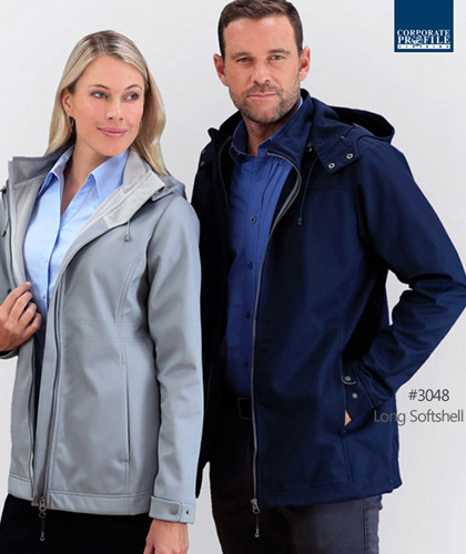 Long Jacket available Black, Navy and Silver. Mens and Ladies. Long Softshell Jacket, Bonded breathable, 3 Layer with natural Stretch. Waterproof 10,000mm, Windproof, Super Soft. Semi Fitted style. Ladies Size 8-22 and Mens S-3XL and 5XL. Corporate Profile Clothing FreeCall 1800 654 990