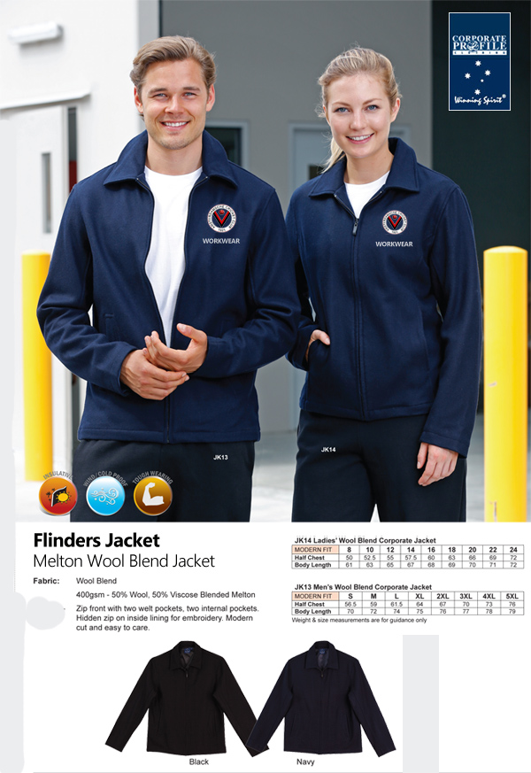 Corporate Wool Jacket Mens #JK13 and Ladies #JK14 With Logo Service. Full Zip front, available Black and Navy, Mens and Ladies. 400 gsm, with 50% Wool 50% Viscose Blended Melton. Excellent appearance for Outdoor Winter Workwear and popular with customers. Also a good agribusiness, country style.