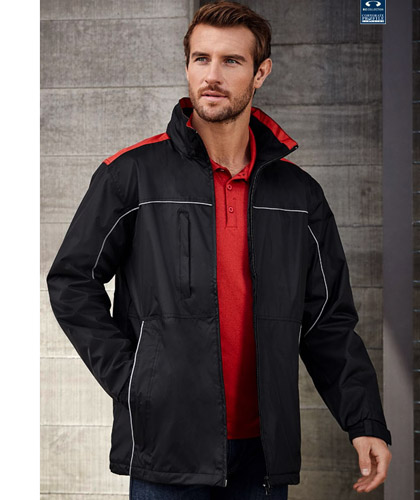 Great value for outdoor Business and Club Teamwear. Reactor Jacket #J3887  in 5 colour combinations, Sizes SM-3XL and 5XL. High wind collar, zippered hood, zippered front pockets. Right chest outer zippered chest pocket. Audio port from inside the chest pocket. Corporate Profile Clothing FreeCall 1800 654 990